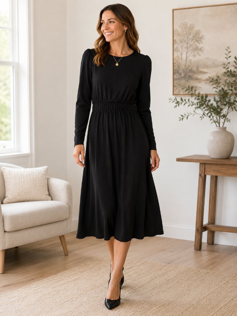 Boden Black Long Sleeve Midi‎ Dress Women's US 4P Gathered Waist 1062